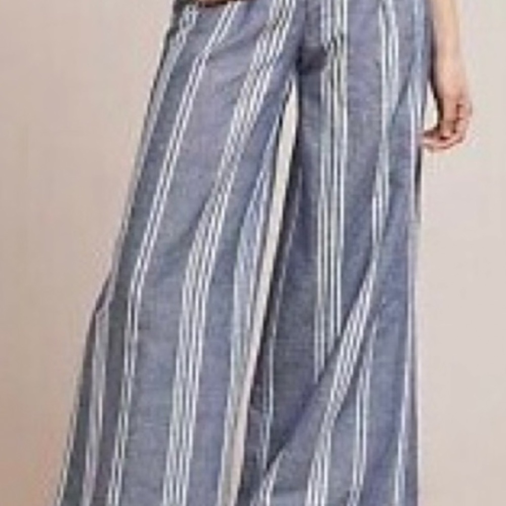 Anthropologie striped white and blue linen Cotton Palazzo Beach pants women 8